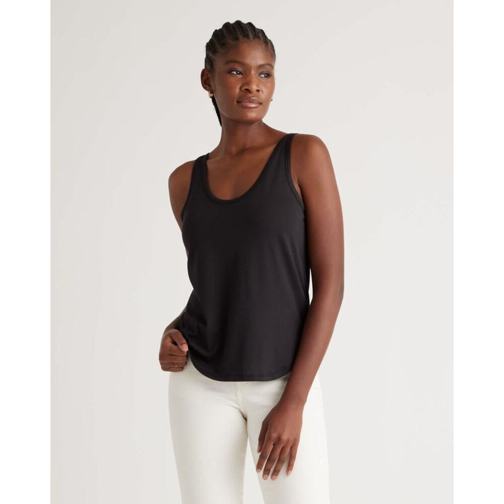 Quince Women's Cotton Modal Double Scoop Neck Tank Black Sleeved Top XS